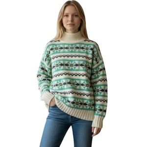 American Eagle Fair Isle Mock Neck Sweater NWT Y2K mint cream OVERSIZED Small